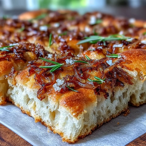 Sourdough onion focaccia bread with golden caramelized onions and flaky sea salt.
