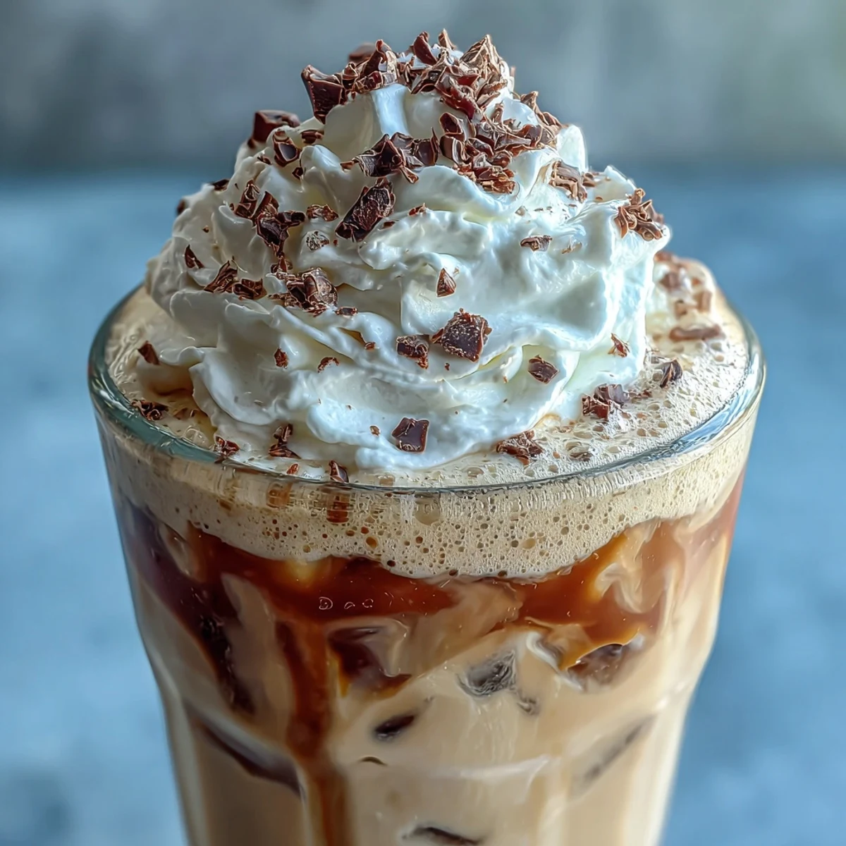 Creamy vanilla bean frappuccino with cold brew ice cubes in a tall glass, topped with fluffy whipped cream and a drizzle of vanilla bean paste.