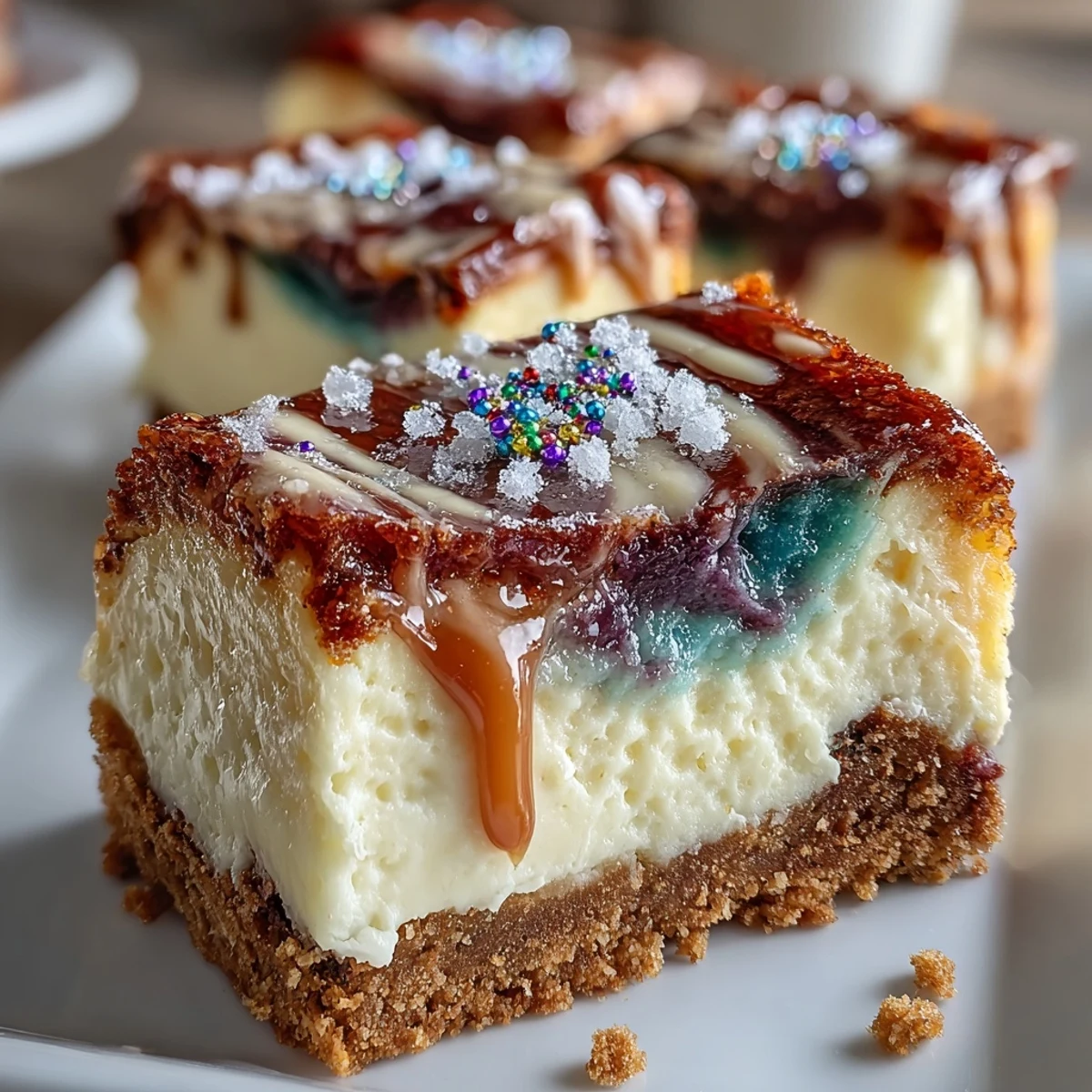 King Cake Cheesecake Bars with vibrant purple, green, and gold swirls on a cinnamon crust, perfect for Mardi Gras celebrations.  