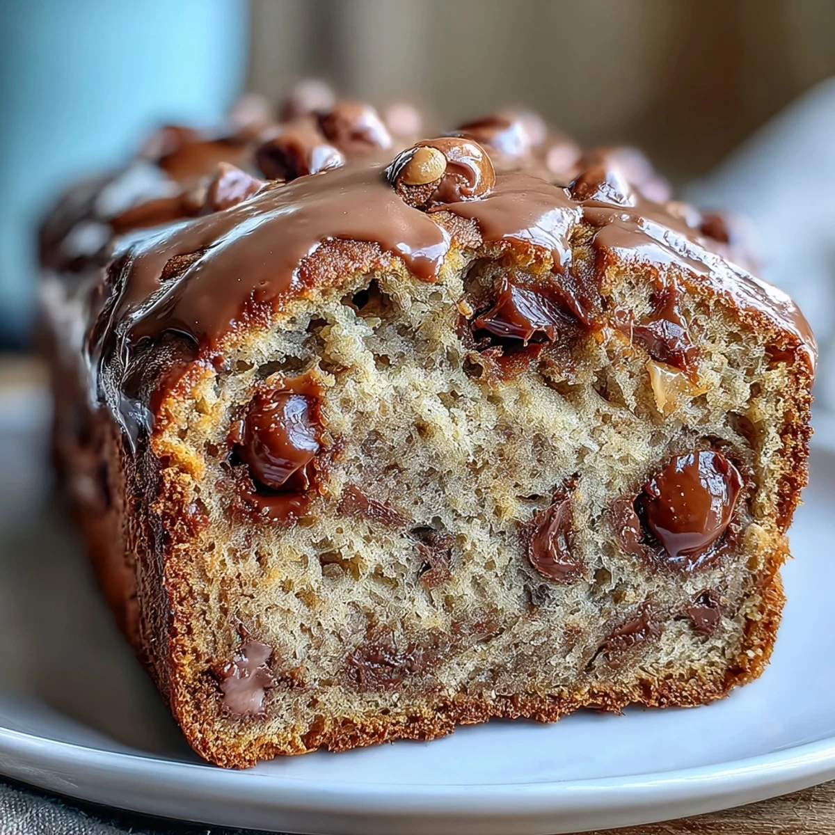 A decadent banana bread loaf swirled with creamy peanut butter, studded with chocolate chips, and topped with chopped peanut butter cups.