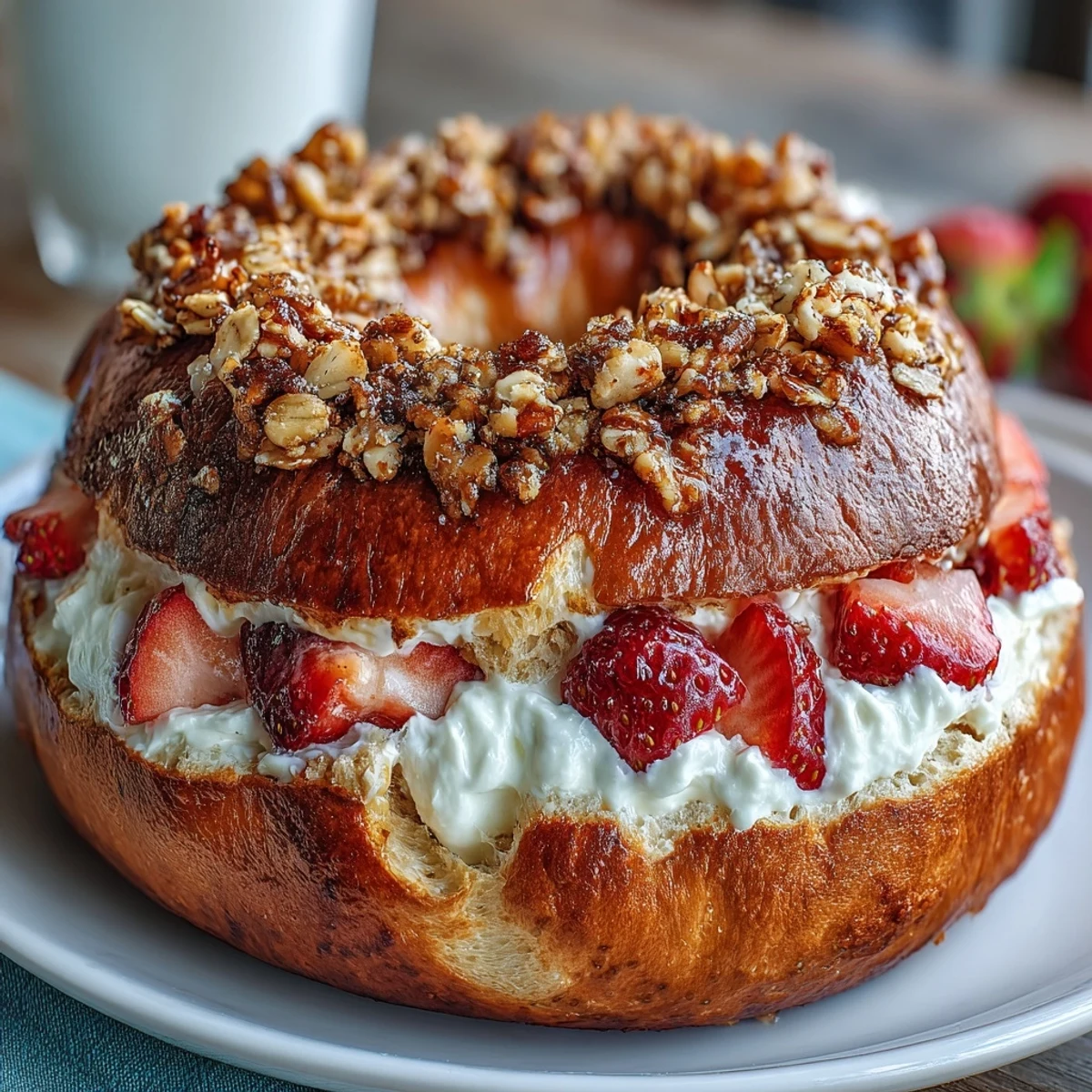 Strawberry Cheesecake Protein Bagels with Crumble Topping: golden bagels filled with creamy cheesecake and fresh strawberries, topped with buttery oat crumble.