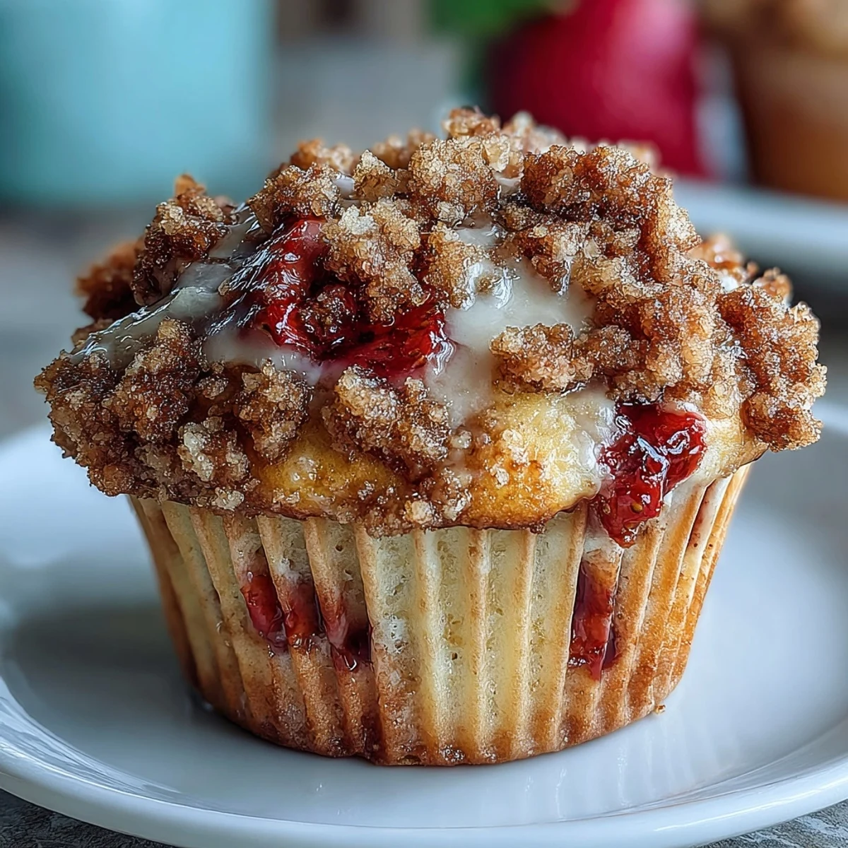 Golden strawberry muffins with buttery crumble topping, fresh berries bursting from tender, fluffy centers.  