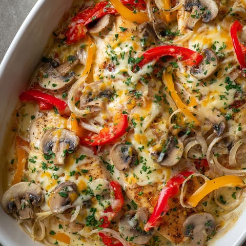 A dish of food with mushrooms, peppers, and onions.