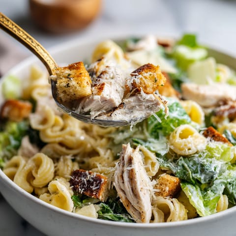 A bowl of chicken Caesar pasta salad.