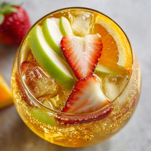 A glass of fruit juice with a slice of apple and strawberry.