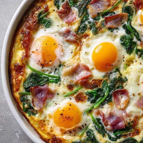 A frittata with bacon and spinach.