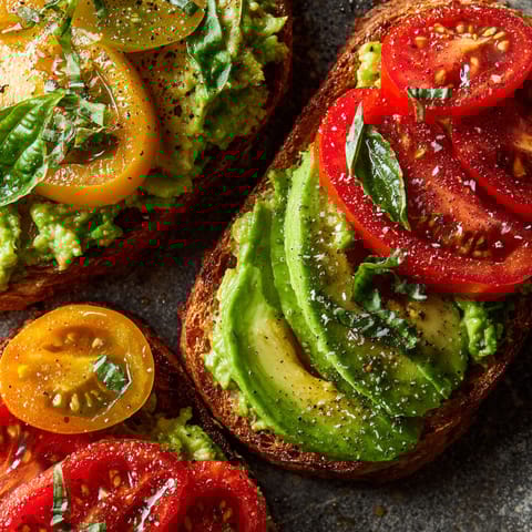 Toast with avocado, tomatoes, and basil.