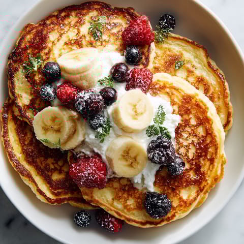 A plate of pancakes with bananas and berries on top.