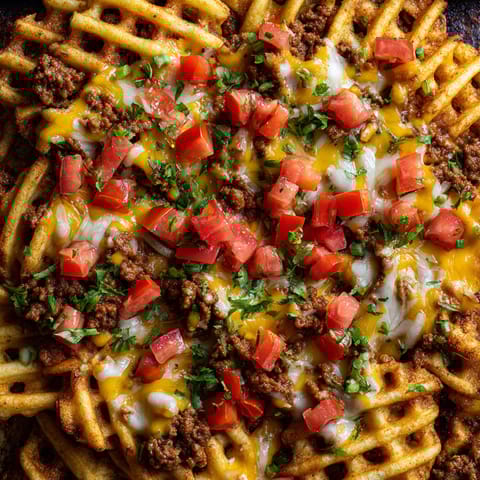A plate of nachos de gaufrettes de pommes de terre aux tacos.