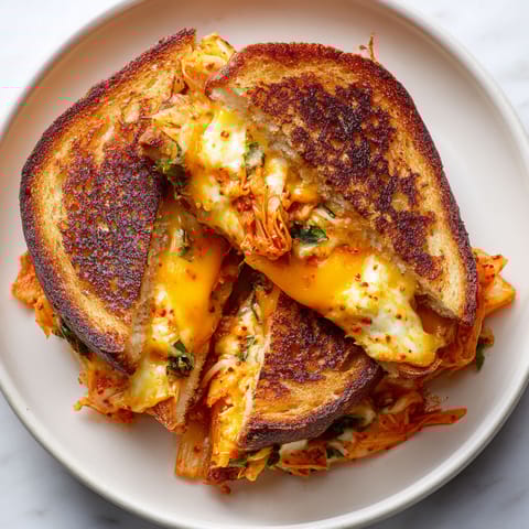 A grilled cheese sandwich with cheddar and kimchi.