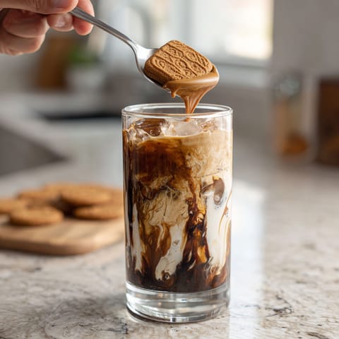 A person is pouring a Teddy Graham Iced Latte into a glass.