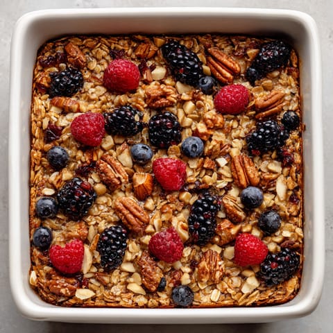 A square pan of baked oatmeal cake with various fruits.