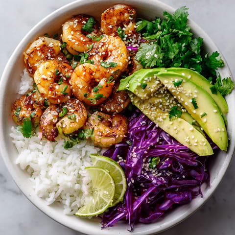 A bowl of food with shrimp, avocado, and other vegetables.