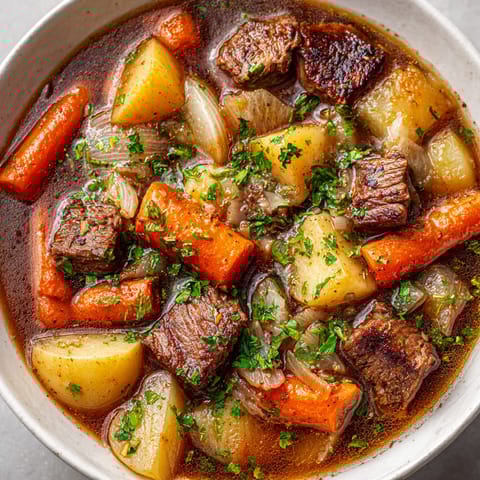 A bowl of soup with meat and vegetables.