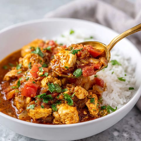 A bowl of chicken and rice with a spoon in it.
