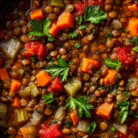 A bowl of soup with carrots and parsley.