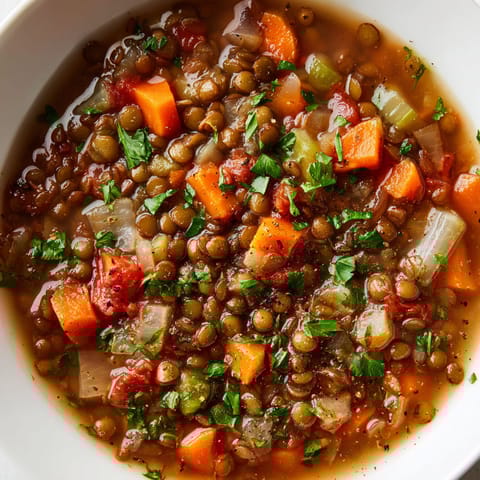 A bowl of soup with carrots and parsley.