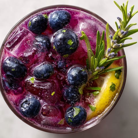 A glass of blueberry juice with a lemon wedge and a sprig of rosemary.