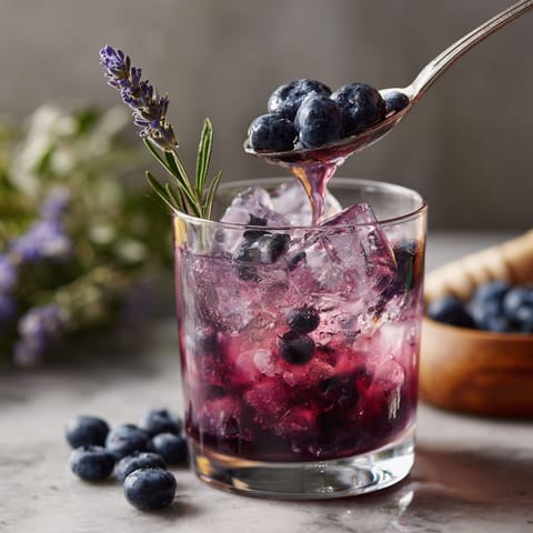 A glass of blueberry juice with a spoon in it.