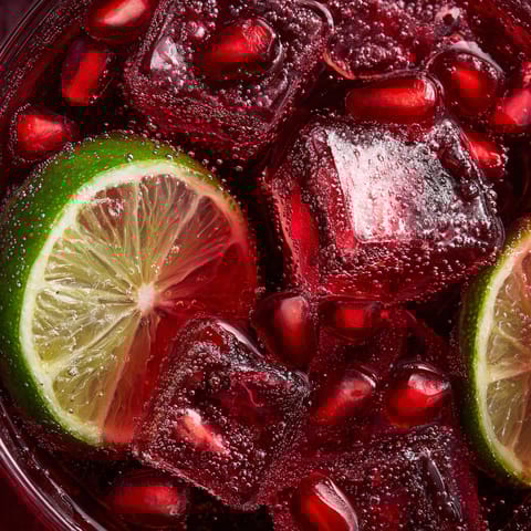 A glass of red pomegranate lime mocktail.
