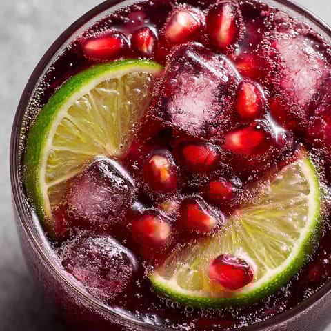 A glass of pomegranate lime mocktail with a slice of lime in it.