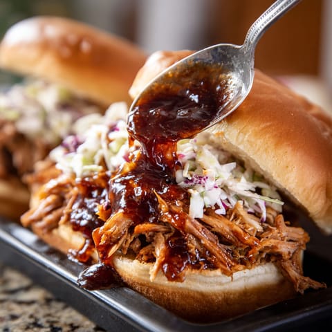 A BBQ Pulled Pork Sandwich with sauce dripping out.