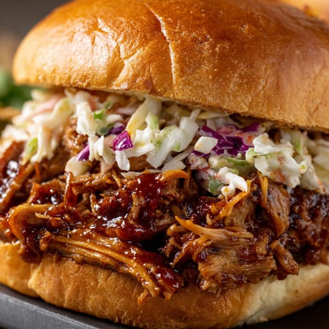 A close up of a pulled pork sandwich.
