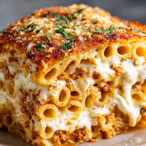 A plate with a piece of lasagna on it.