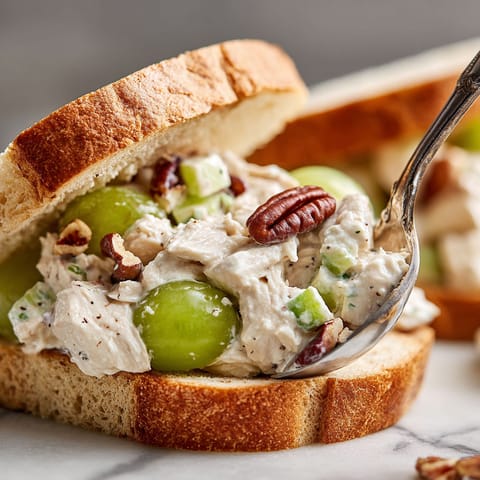 A sandwich with chicken salad and a spoon.
