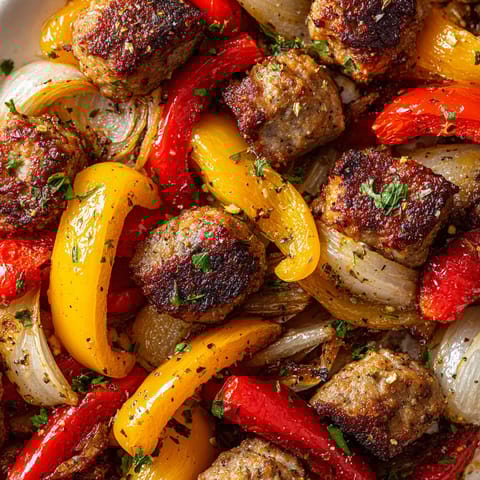 A close up of a delicious sausage, peppers and onions dish.