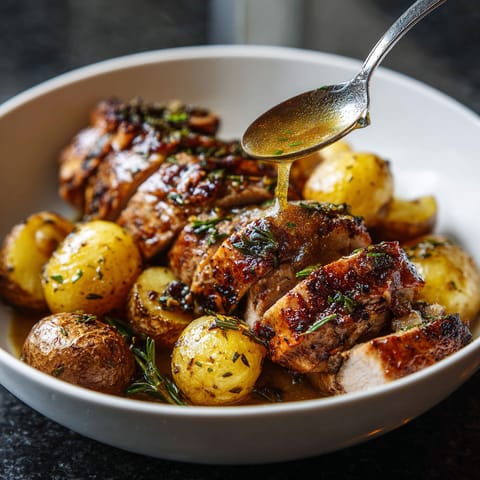 A white bowl with meat and potatoes.