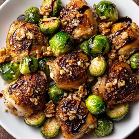 A plate of chicken and brussels sprouts with a balsamic glaze.