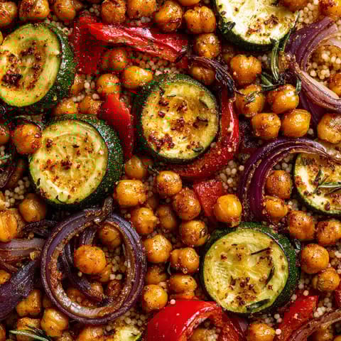 A close up of a Mediterranean Sheet Pan Chickpeas & Veggies.