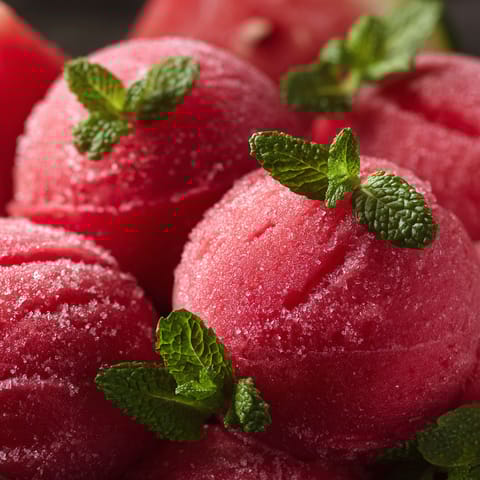 Mini watermelon sorbet bowls with mint leaves.