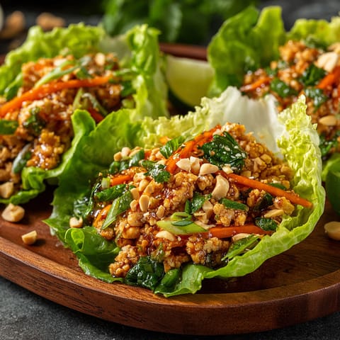 A plate of lettuce wraps with peanut sauce.