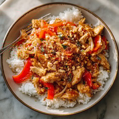 A bowl of Slow Cooker Thai Peanut Chicken.
