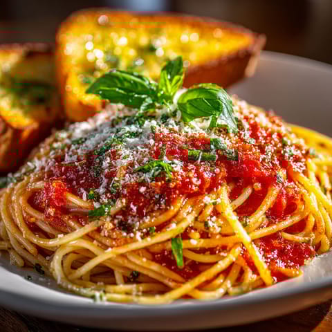 A plate of pasta with garlic bread on the side.