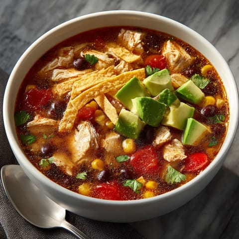 A bowl of chicken tortilla soup.