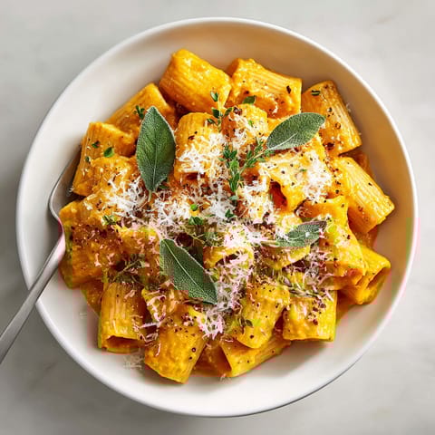 A bowl of pasta with cheese and herbs.