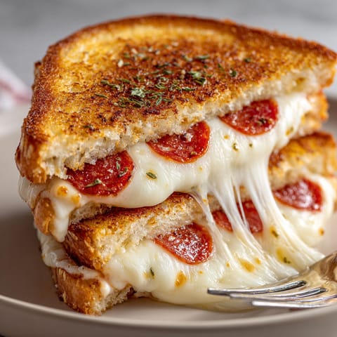 A sandwich with pepperoni and cheese on a plate.