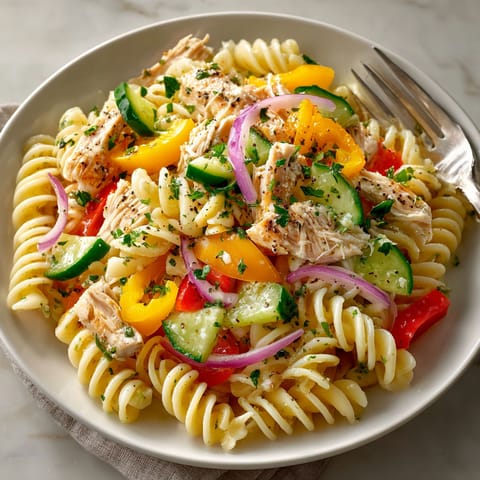 A plate of pasta with chicken, vegetables, and herbs.