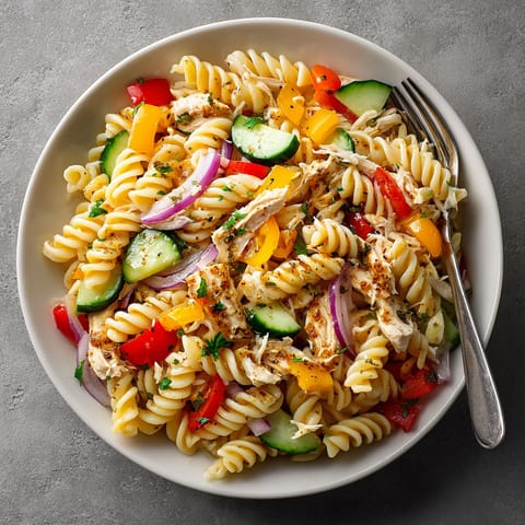 A bowl of pasta salad with chicken, vegetables, and herbs.
