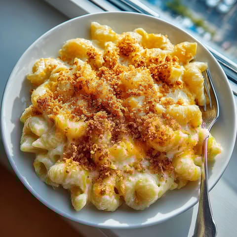A plate of macaroni and cheese with seasoning on top.