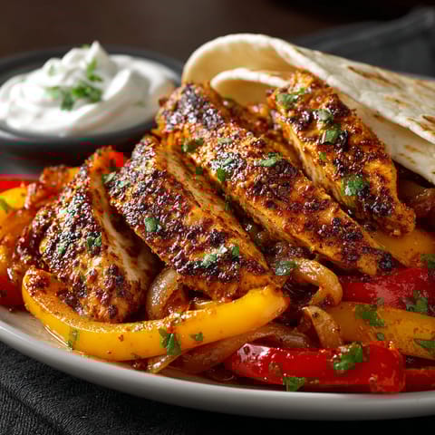 A plate of food with chicken, peppers, and a tortilla.