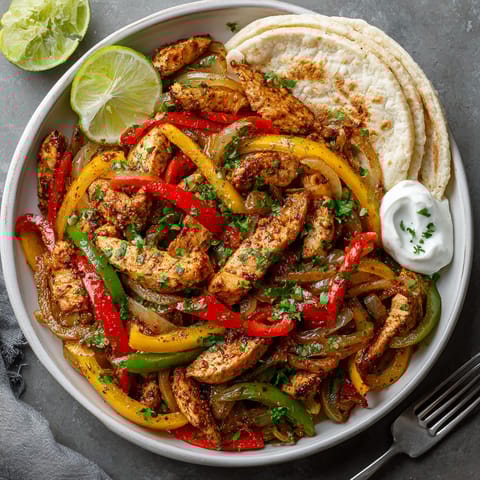 A plate of food with chicken, peppers, onions, and lime.