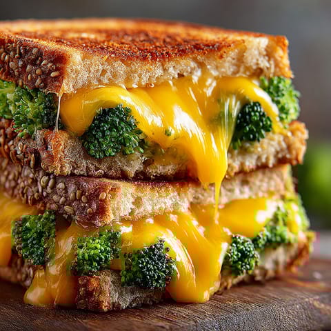 A sandwich with cheese and broccoli on top.