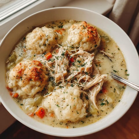 A bowl of soup with chicken and biscuits.