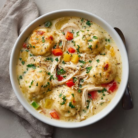 A bowl of soup with chicken and dumplings.