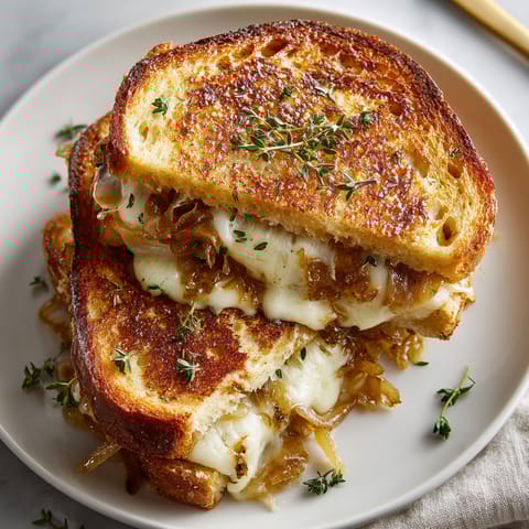 A sandwich with cheese and onions on a white plate.