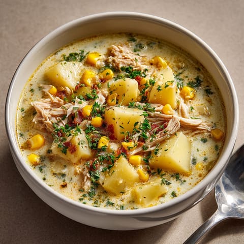 A bowl of soup with chicken and corn.